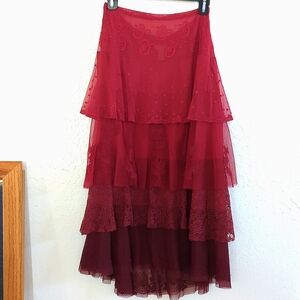 ODILLE Red Layered Lace Skirt . 4